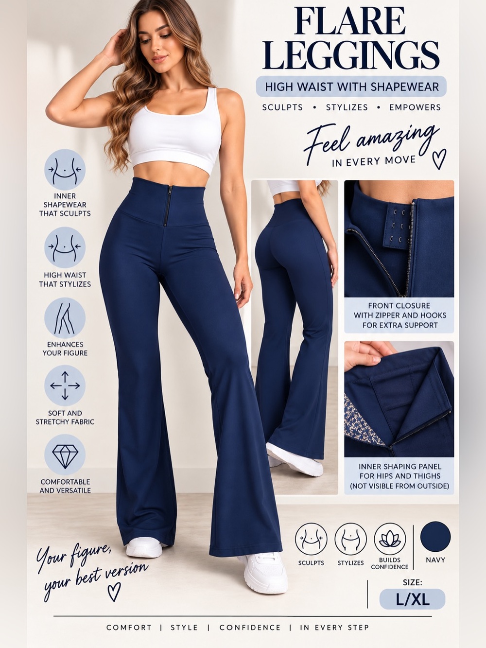 Women’s L/XL High Waist Flare Leggings Shapewear Tummy Control Front Zipper